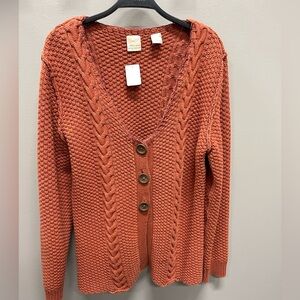 Natural Reflections Rust Cardigan Sweater with a plum trim